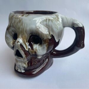 Vintage Ceramic Skull Coffee Mug Brown & White Drip Glaze 4” Halloween